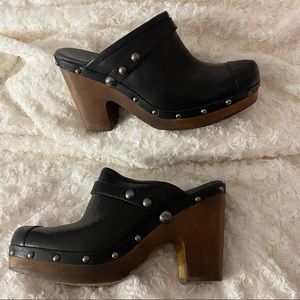 Black Leather and Wood Stud Clogs